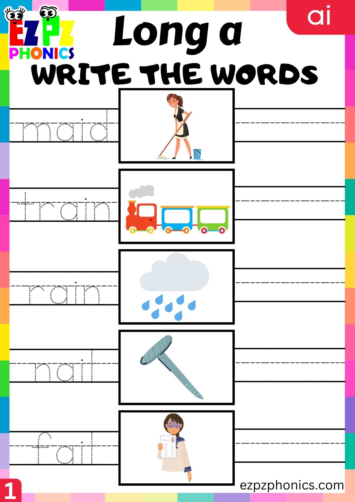 Group1 ai words write the words long a phonics worksheet ezpzphonics